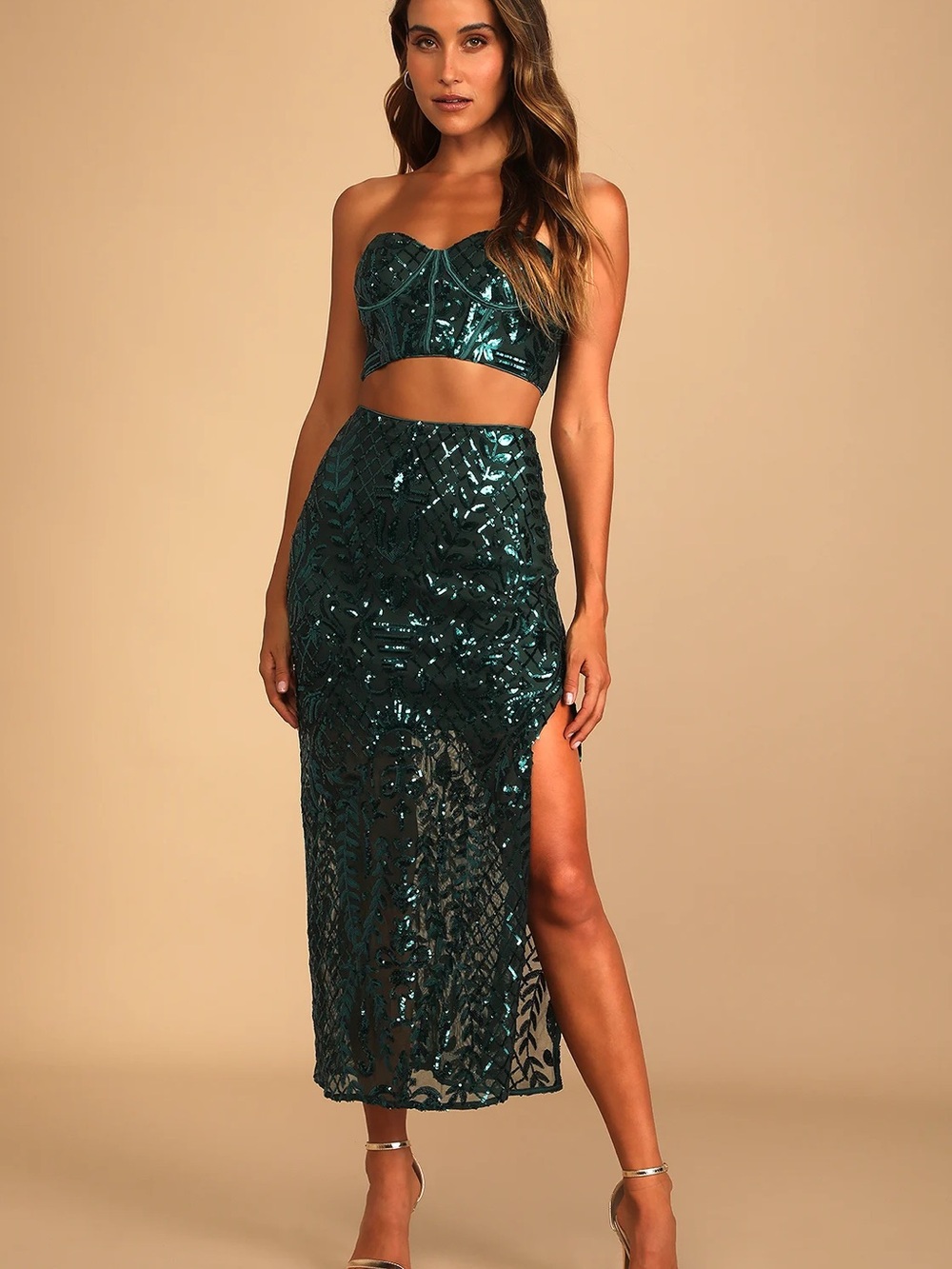 Lulu's Emerald Sequin High-Slit Maxi Skirt Set - Picture 2 of 3